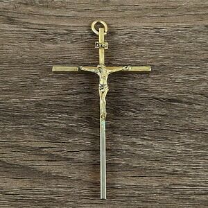 Large Vintage INRI Crucifix Pendant 3.5" Gold Tone Brass Corpus Cross